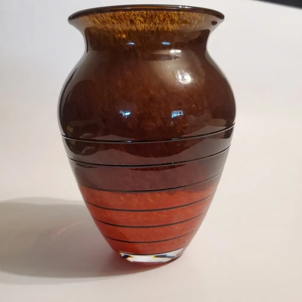 Vintage Bohemian Czech Art glass Vase Orange Brown Swirl specked Pattern 8
